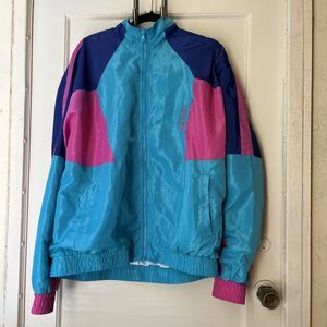 Vintage 90s windbreaker jacket L Colorblock Zip Logo Streetwear Dancing Festival